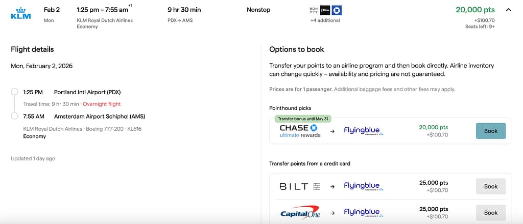 POINTHOUND AWARD FLIGHT BOOKING OPTIONS