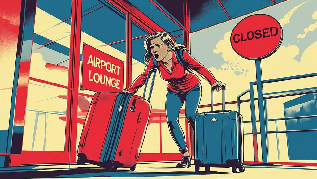 woman in distress with luggage getting standing outside of an airport lounge that is closed