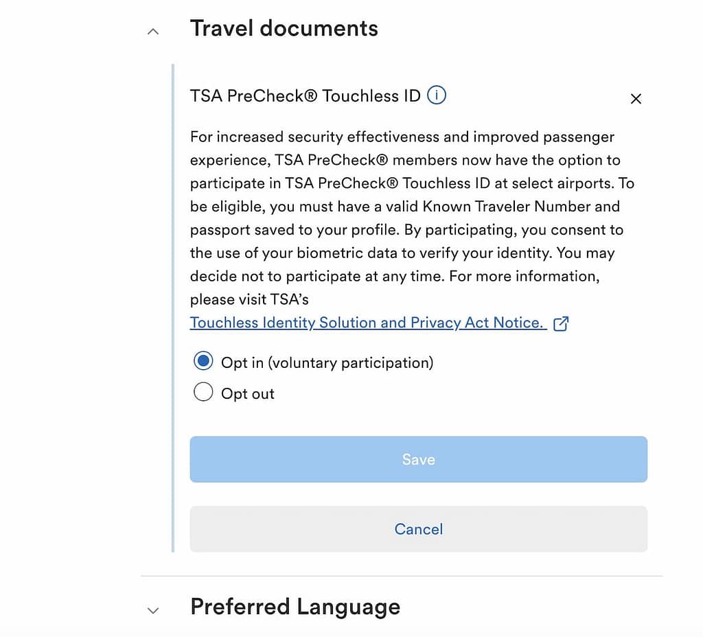 opting in to Touchless ID tsa precheck