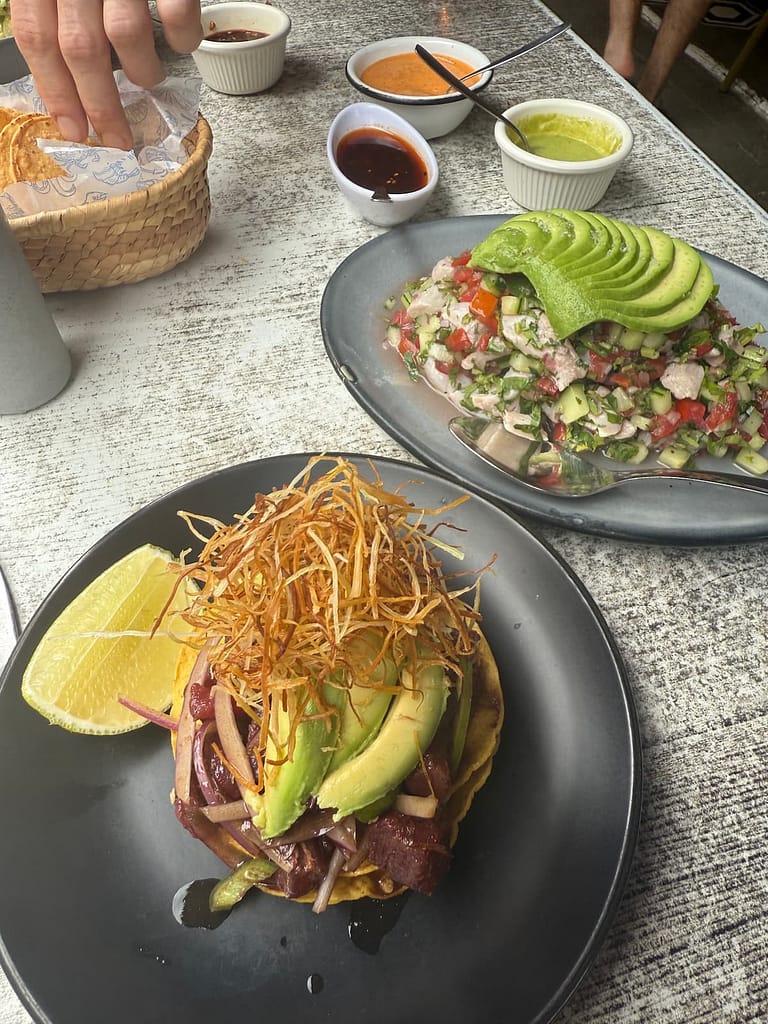 Tuna tostada and ceviche at Barracude